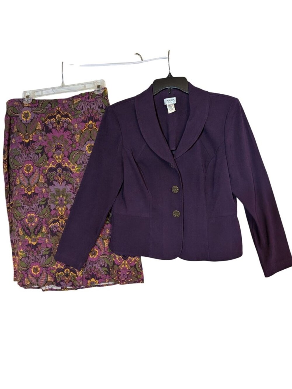 Dorby Womens Petite Purple Floral Skirt Suit 12P 2-Button Jacket Stylish & Elega